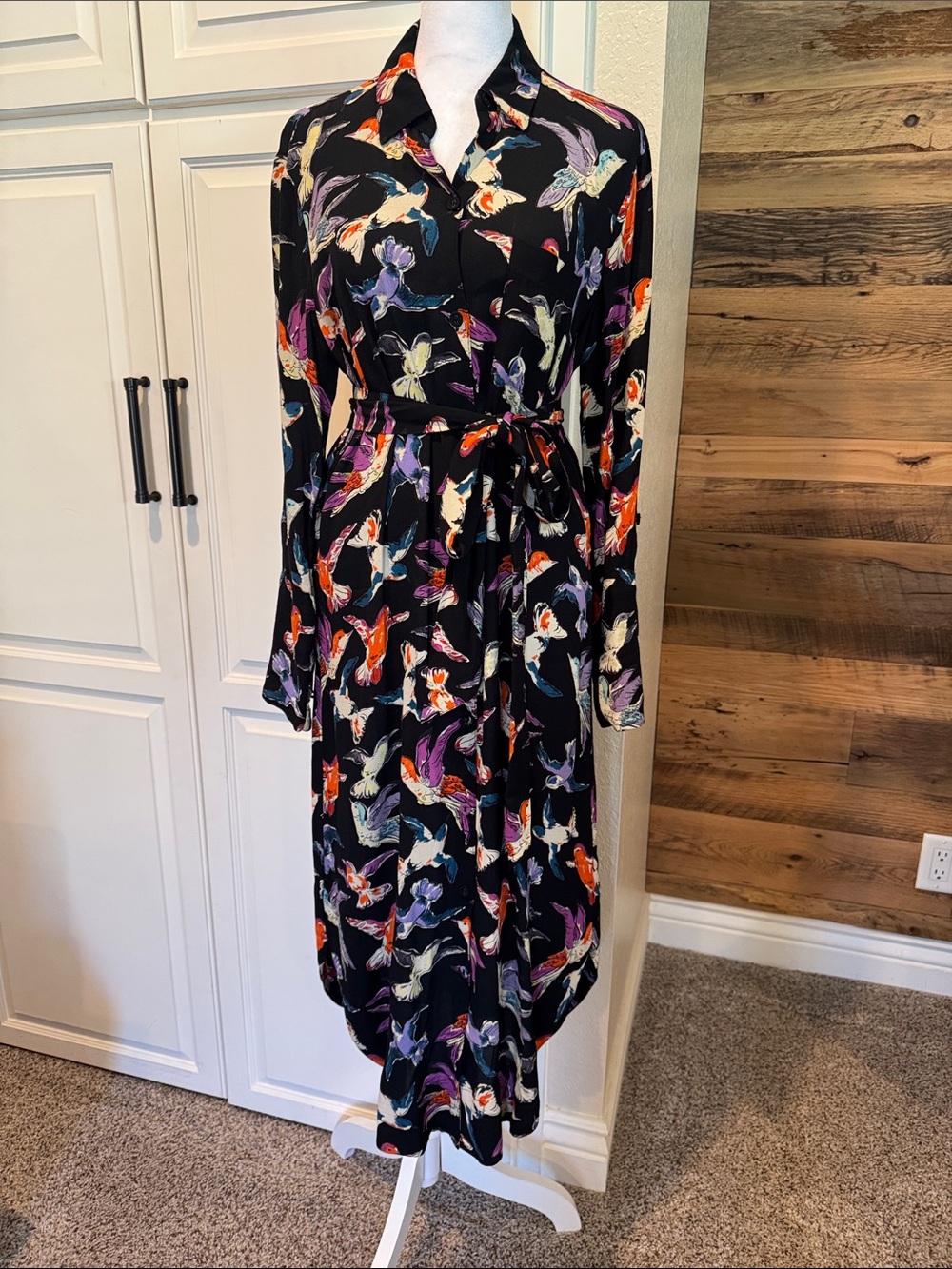 EUC Anthropologie Black Floral Bird-Print Shirt Dress with Tie Waist